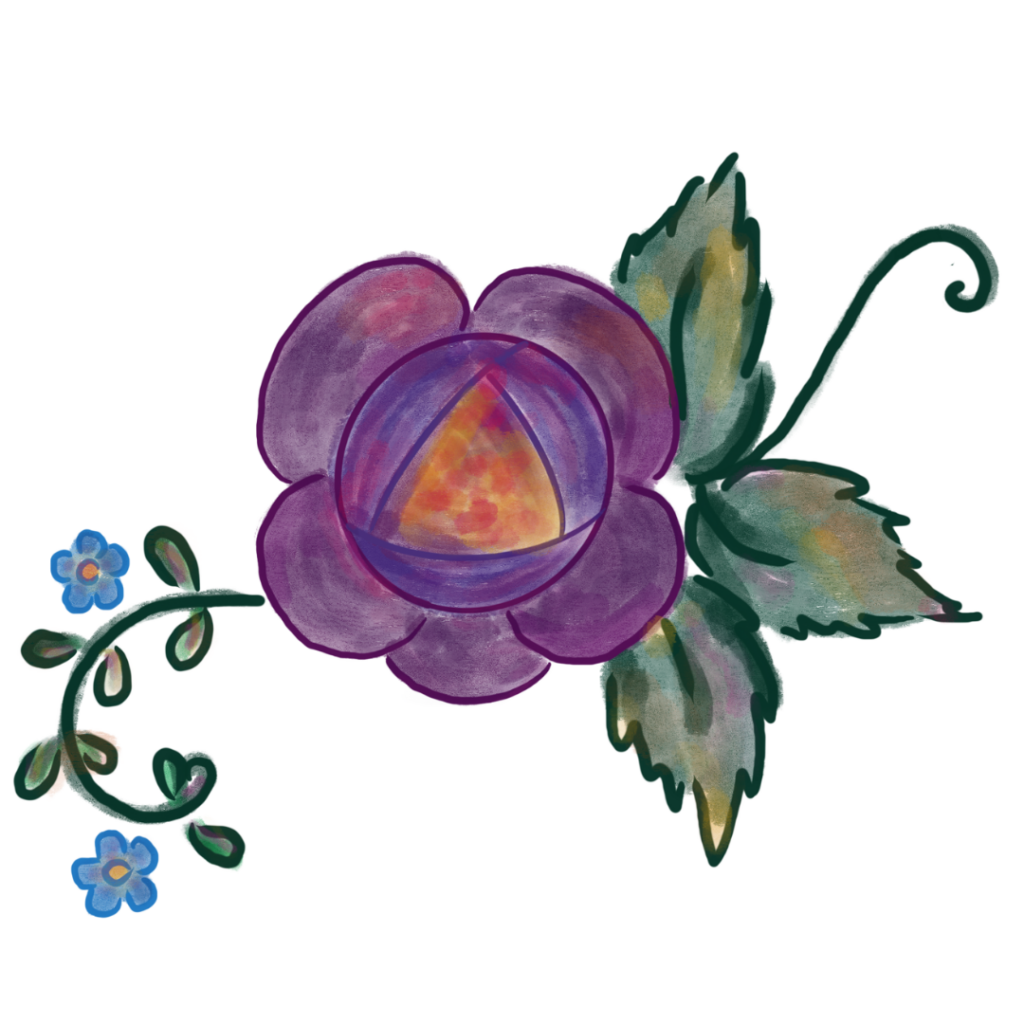 fioletowa róża z zielonymi listkami i małymi niebieskimi kwiatuszkami