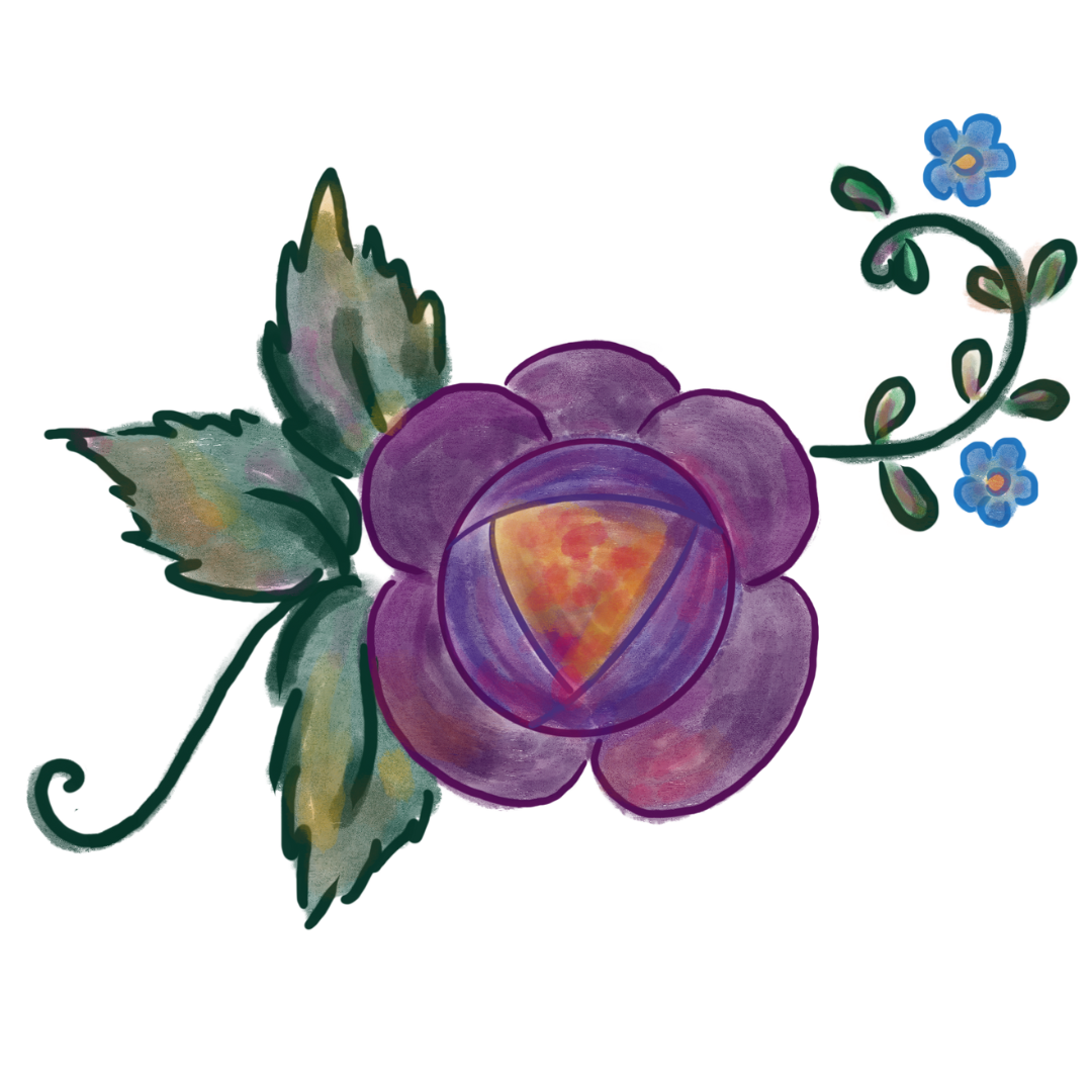 fioletowa róża z liśćmi i niebieskimi kwiatuszkami