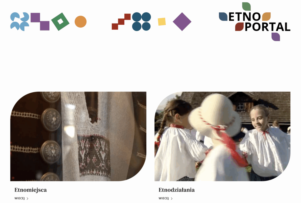 zdjęcie strony portalu pokazującej dwa zdjęcia, które otwierają działy etnomiejsce i etnodziałania.