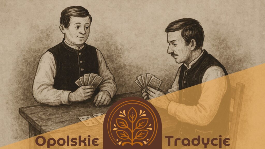 rysunek w sepii (odcienie brązów) dwóch mężczyzn siedzi przy stoliku i graja w karty