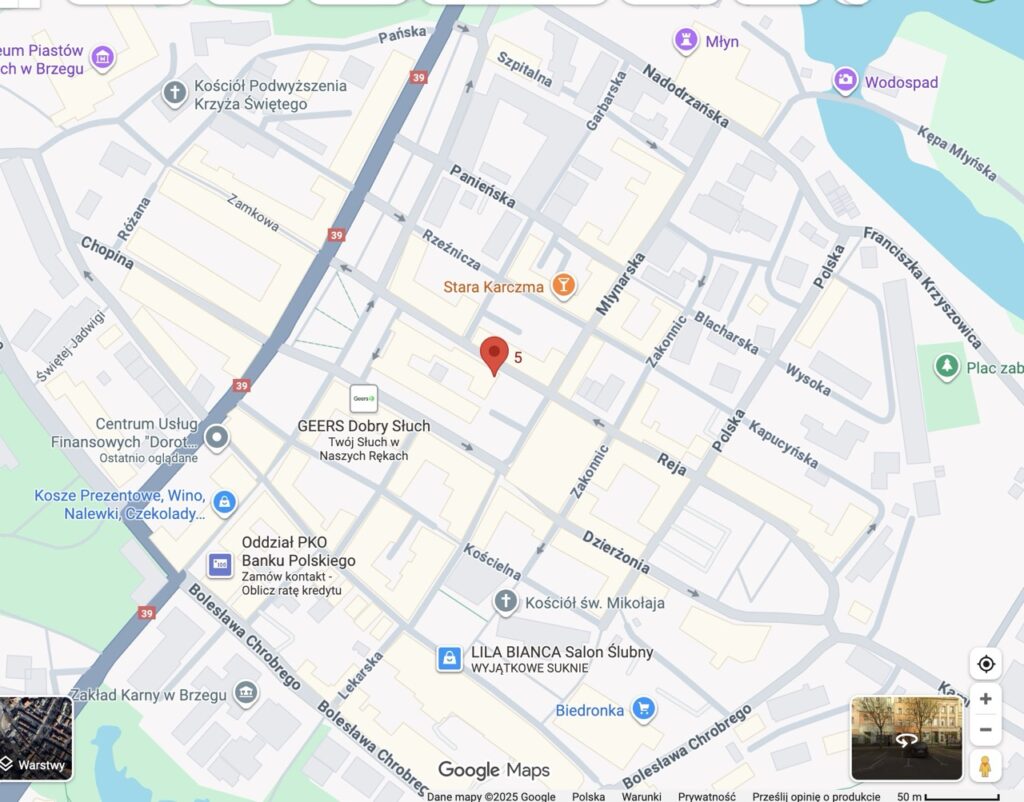 Mapa miasta Brzeg z oznaczeniem adresu Sukiennice 5