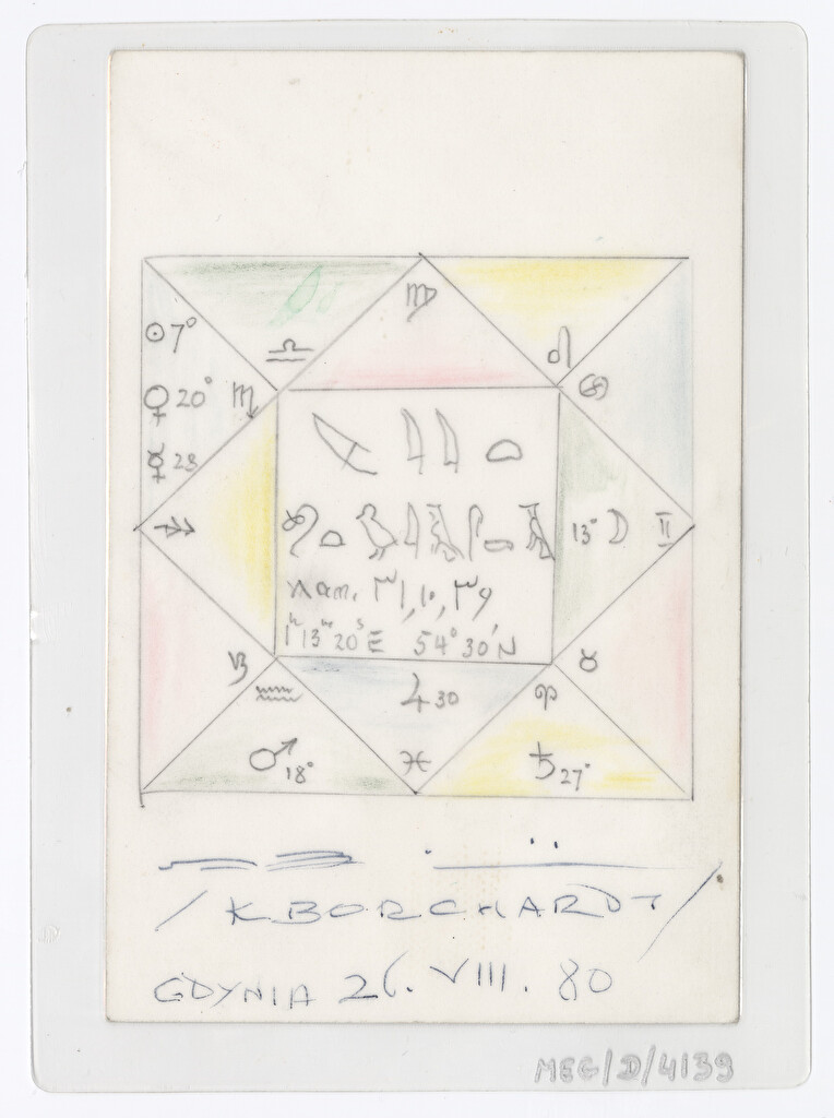Kartka z horoskopem egipskim wykonanym przez kapitana Karola Olgierda Borchardta dla Marii Grodzicki, 26.08.1980 r